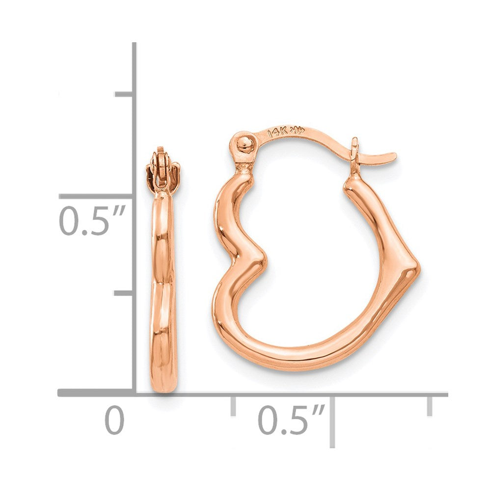 14k Real Rose Gold Heart Shaped Hoop Earrings, 15mm