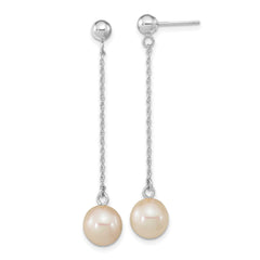 14k Real White Gold Fresh Water Round Pearl Dangle Post Earrings, 46mm Length