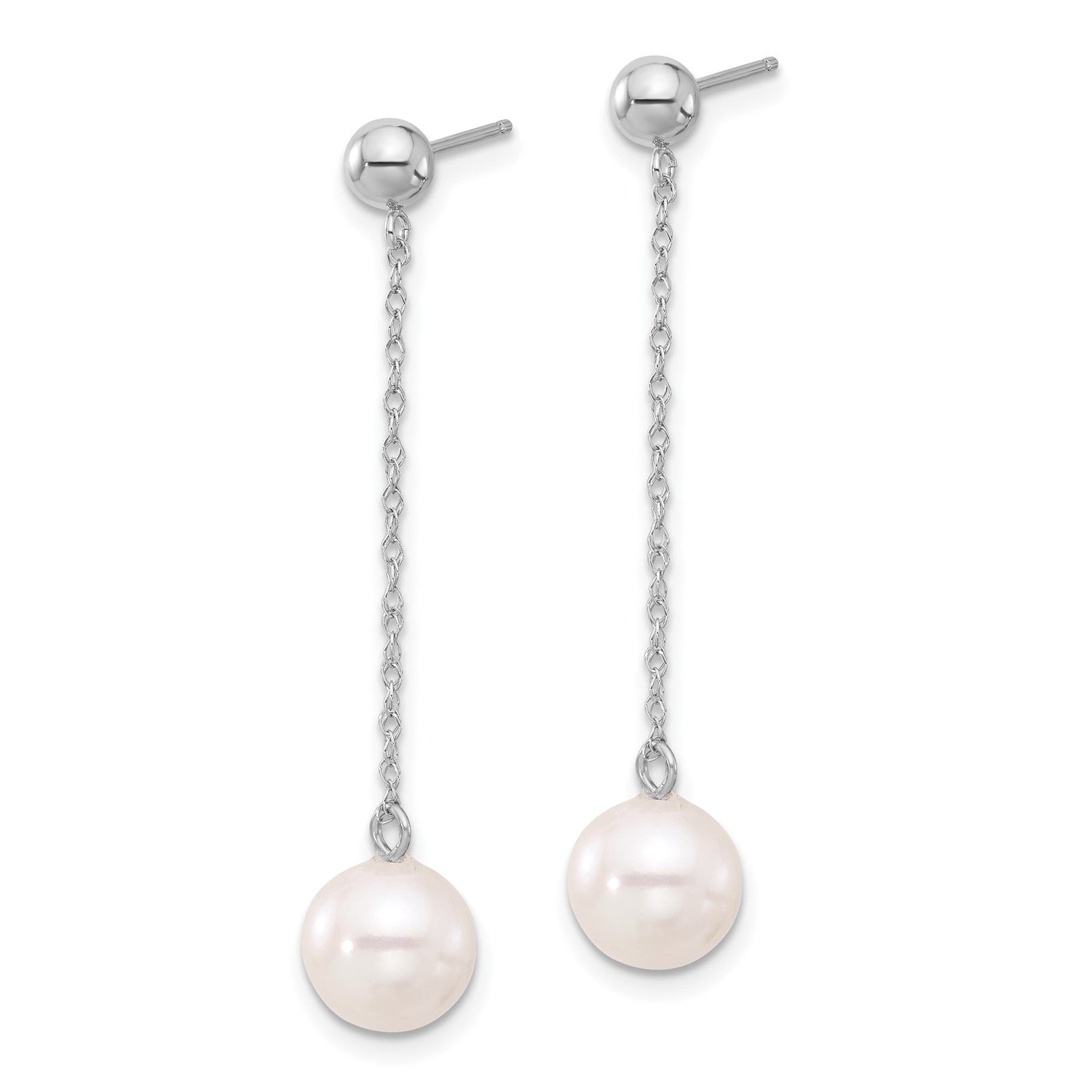 14k Real White Gold Fresh Water Round Pearl Dangle Post Earrings, 46mm Length