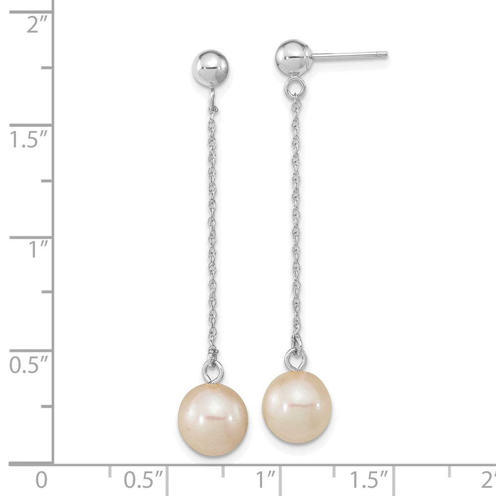 14k Real White Gold Fresh Water Round Pearl Dangle Post Earrings, 46mm Length