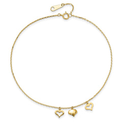 14k Real Yellow Gold 3 Heart Charm 9 to 10 Adjustable Anklet