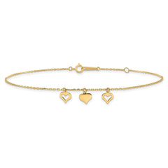 14k Real Yellow Gold 3 Heart Charm 9 to 10 Adjustable Anklet