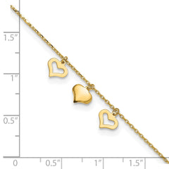 14k Real Yellow Gold 3 Heart Charm 9 to 10 Adjustable Anklet