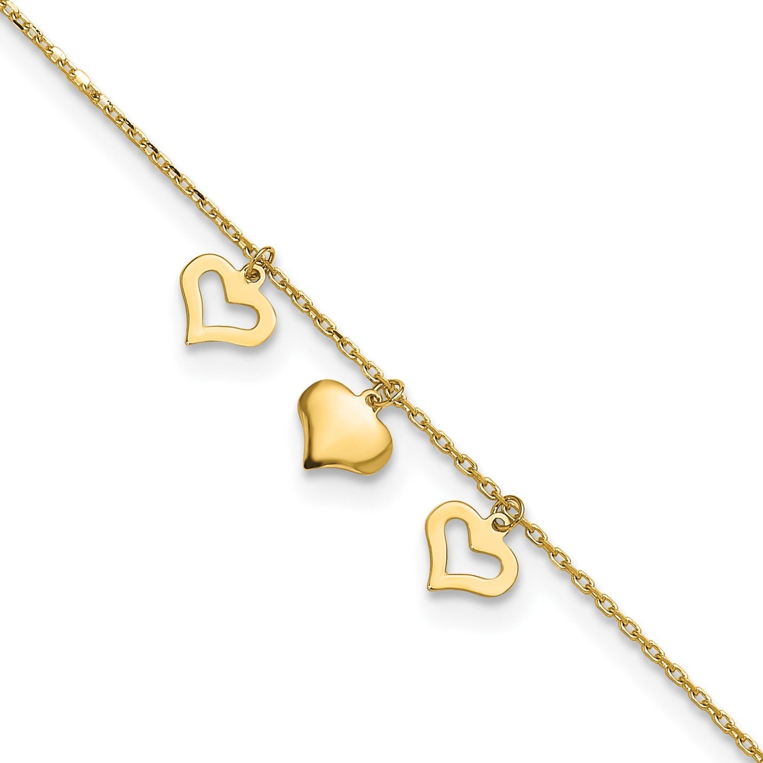 14k Real Yellow Gold 3 Heart Charm 9 to 10 Adjustable Anklet