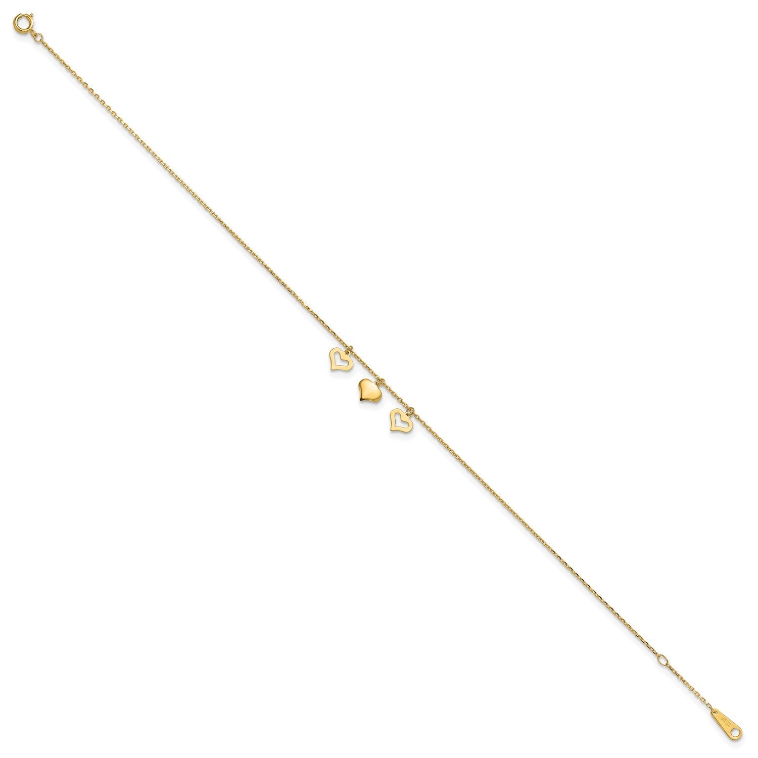 14k Real Yellow Gold 3 Heart Charm 9 to 10 Adjustable Anklet