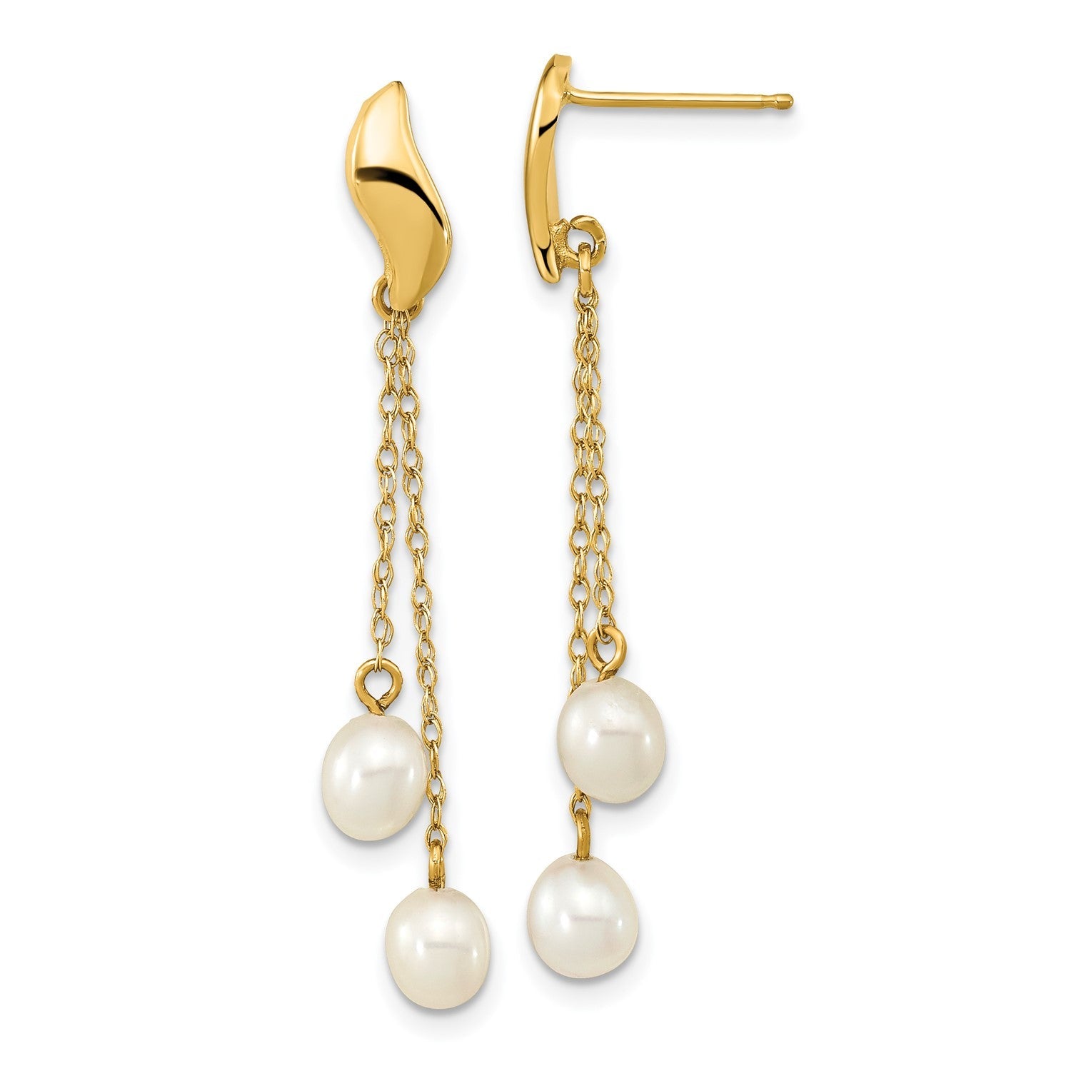 14k Real Yellow Gold 4-5mm White Rice Freshwater Cultured Pearl Dangle Earrings, 43mm Length