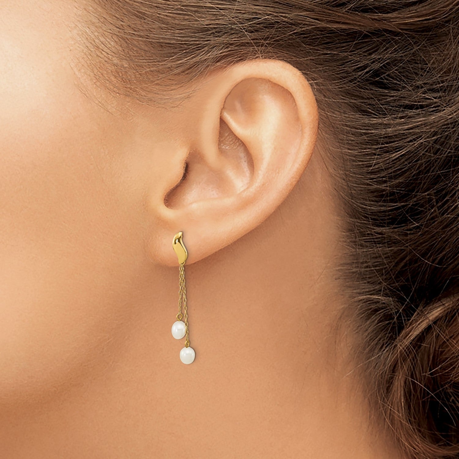 14k Real Yellow Gold 4-5mm White Rice Freshwater Cultured Pearl Dangle Earrings, 43mm Length