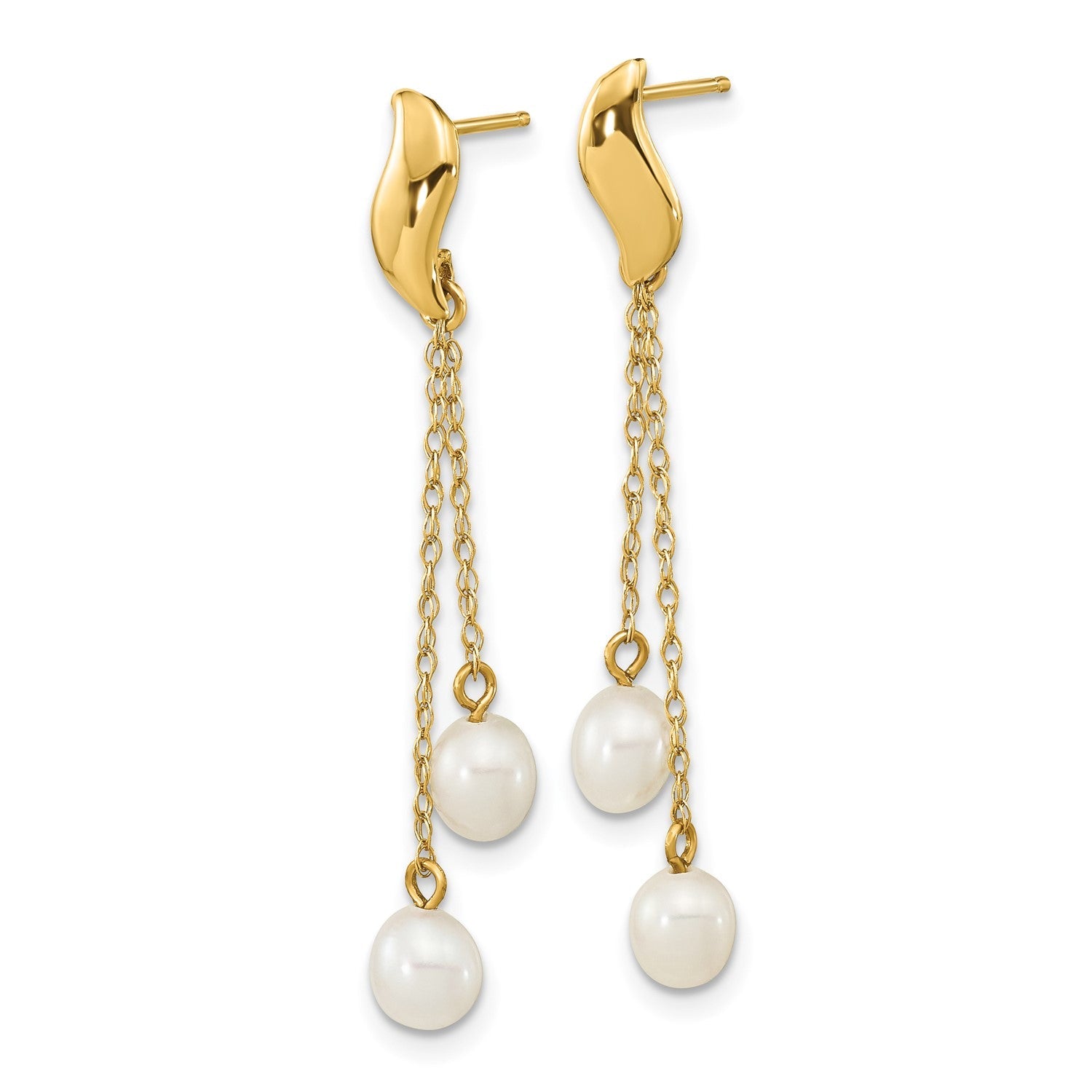 14k Real Yellow Gold 4-5mm White Rice Freshwater Cultured Pearl Dangle Earrings, 43mm Length