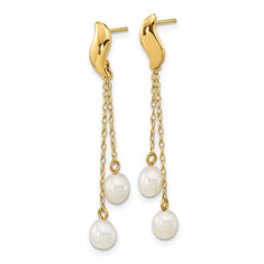 14k Real Yellow Gold 4-5mm White Rice Freshwater Cultured Pearl Dangle Earrings, 43mm Length