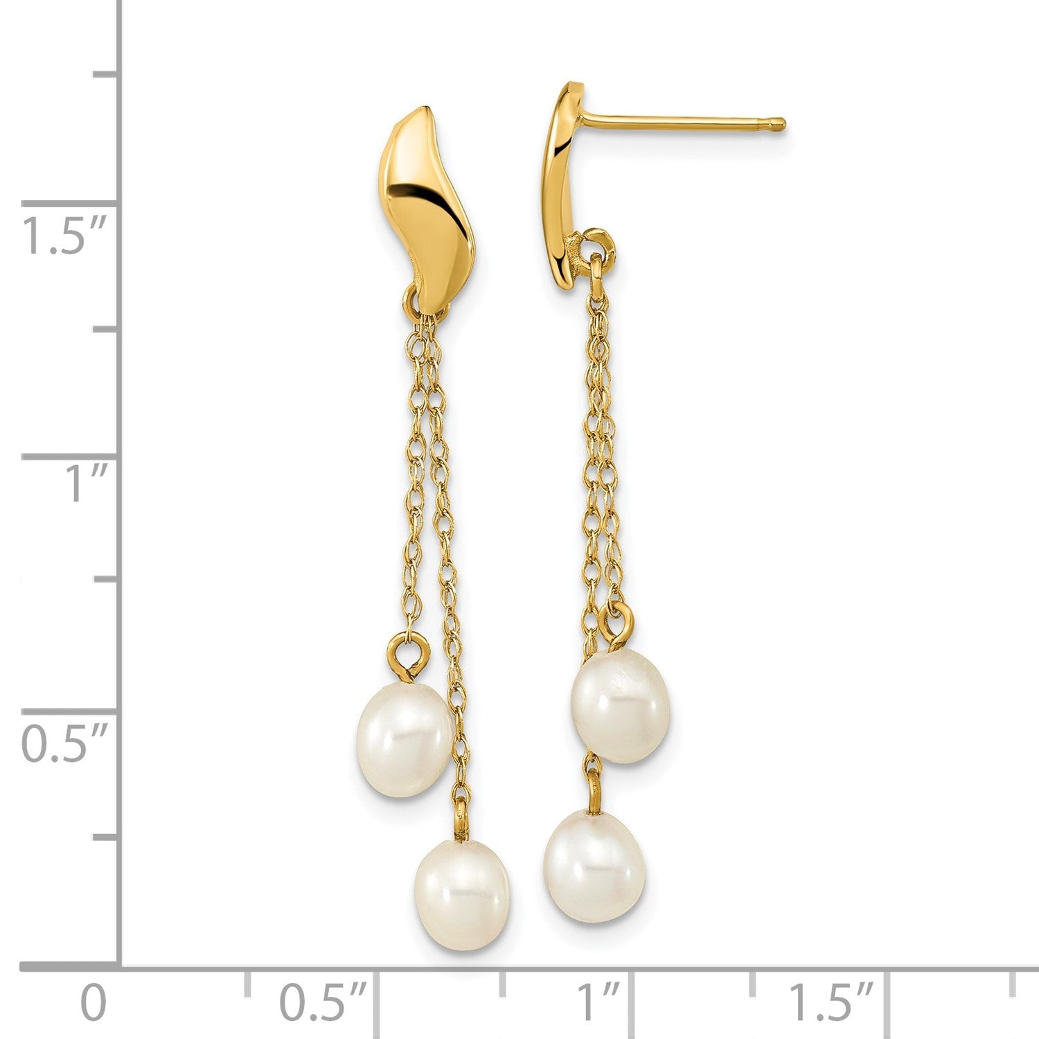 14k Real Yellow Gold 4-5mm White Rice Freshwater Cultured Pearl Dangle Earrings, 43mm Length