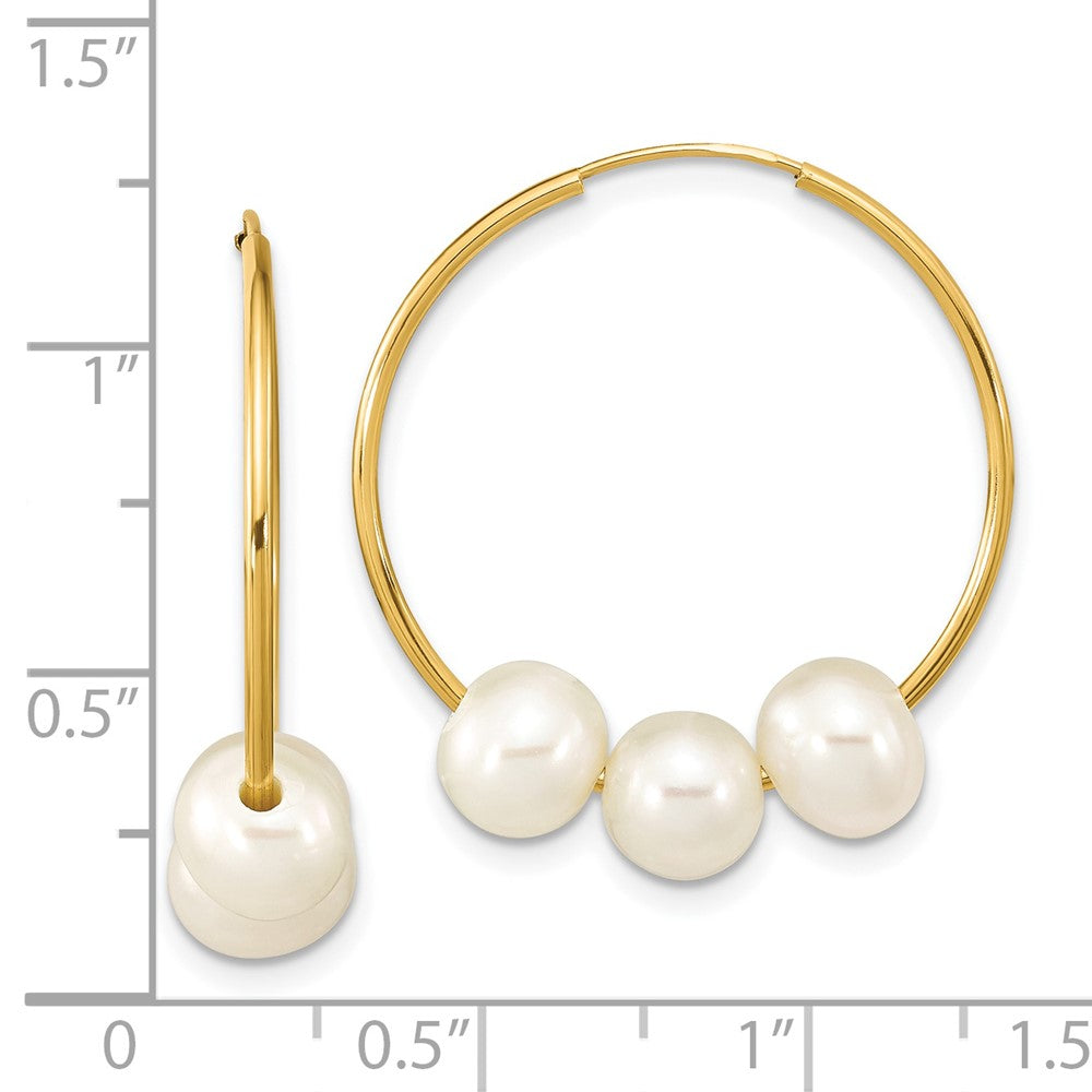 14k Real Yellow Gold 6 to 7mm Round White Fresh Water Pearl Hoop Endless Earrings, 26mm