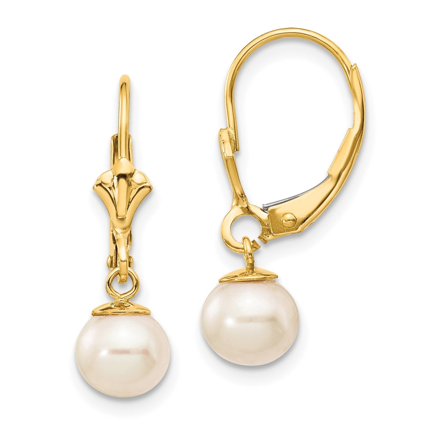 14k Real Yellow Gold 6-7mm White Round Freshwater Cultured Pearl Lever Back Earrings