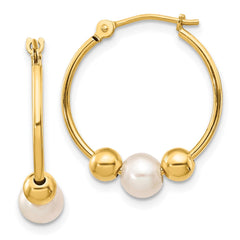 14k Real Yellow Gold 6mm Freshwater Cultured Pearl Hoop Earring, 19mm Diameter