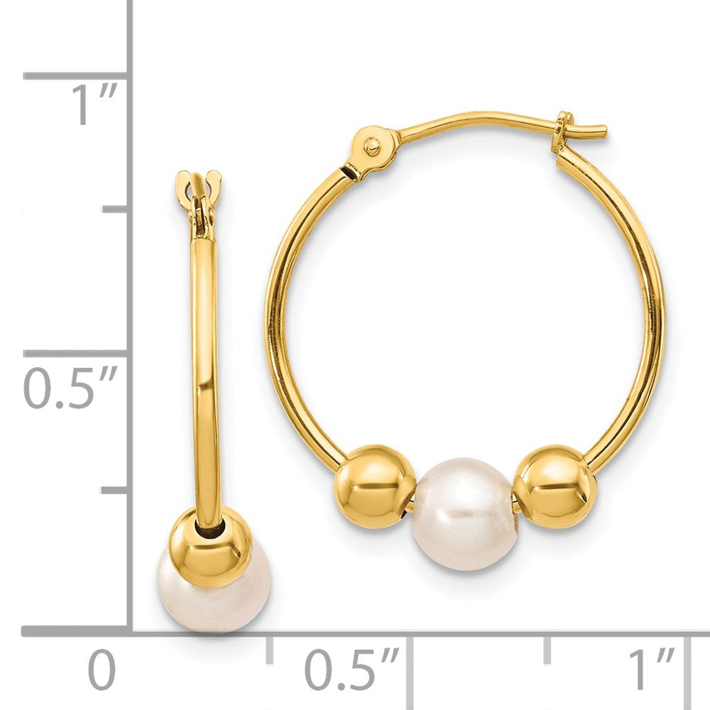 14k Real Yellow Gold 6mm Freshwater Cultured Pearl Hoop Earring, 19mm Diameter