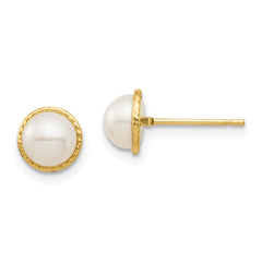 14k Real Yellow Gold 6mm White Button Freshwater Cultured Pearl Stud Earrings