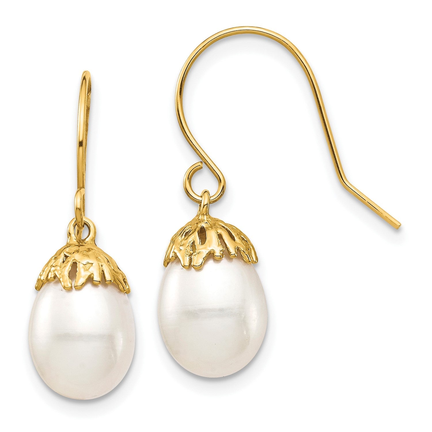 14k Real Yellow Gold 7-8mm White Rice Freshwater Cultured Pearl French Wire Drop Earrings, 23mm