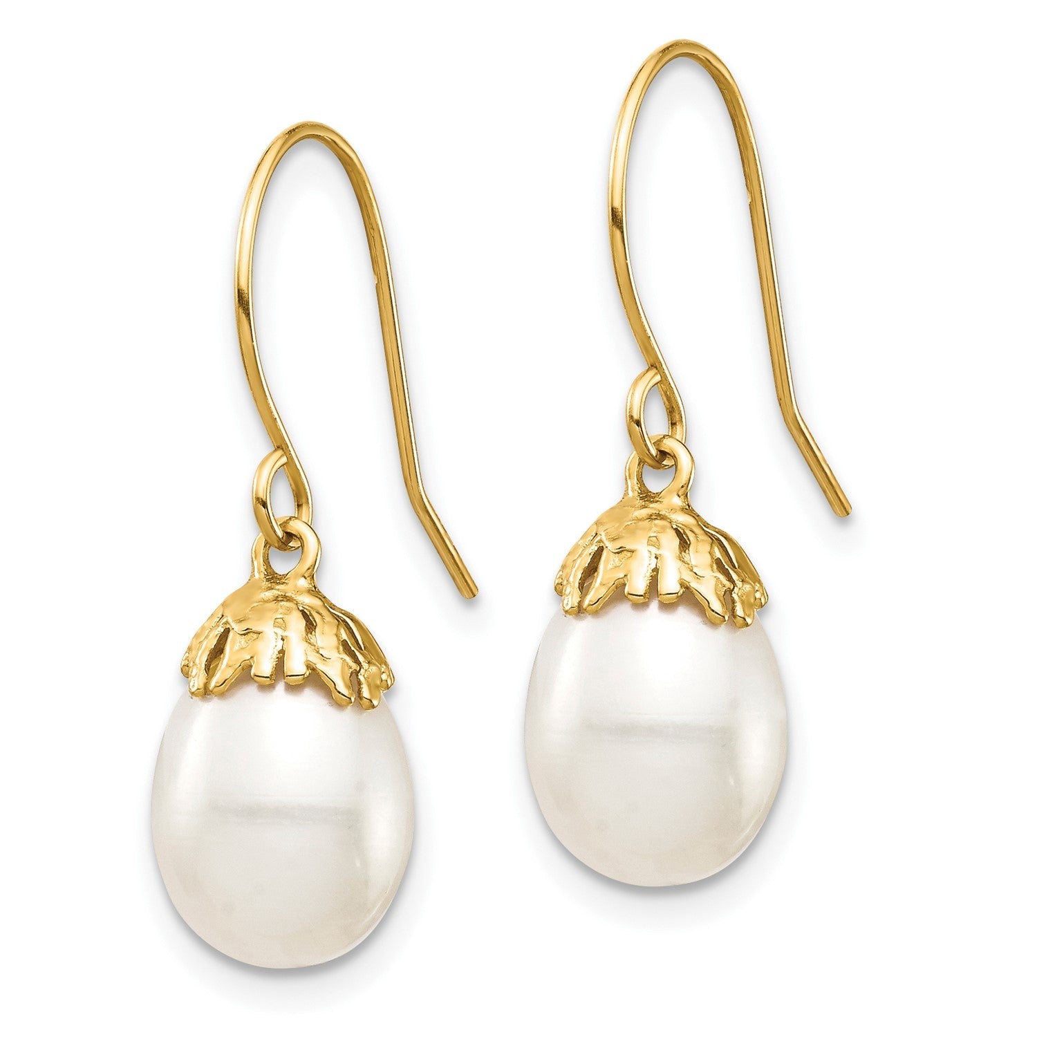 14k Real Yellow Gold 7-8mm White Rice Freshwater Cultured Pearl French Wire Drop Earrings, 23mm