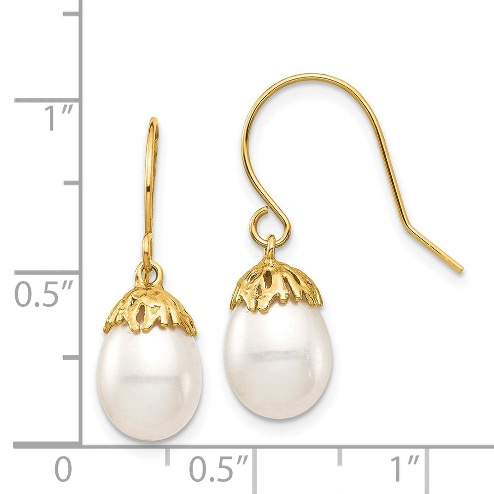 14k Real Yellow Gold 7-8mm White Rice Freshwater Cultured Pearl French Wire Drop Earrings, 23mm