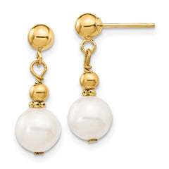 14k Real Yellow Gold 7-8mm White Round Freshwater Cultured Pearl Dangle Post Dangle Earrings