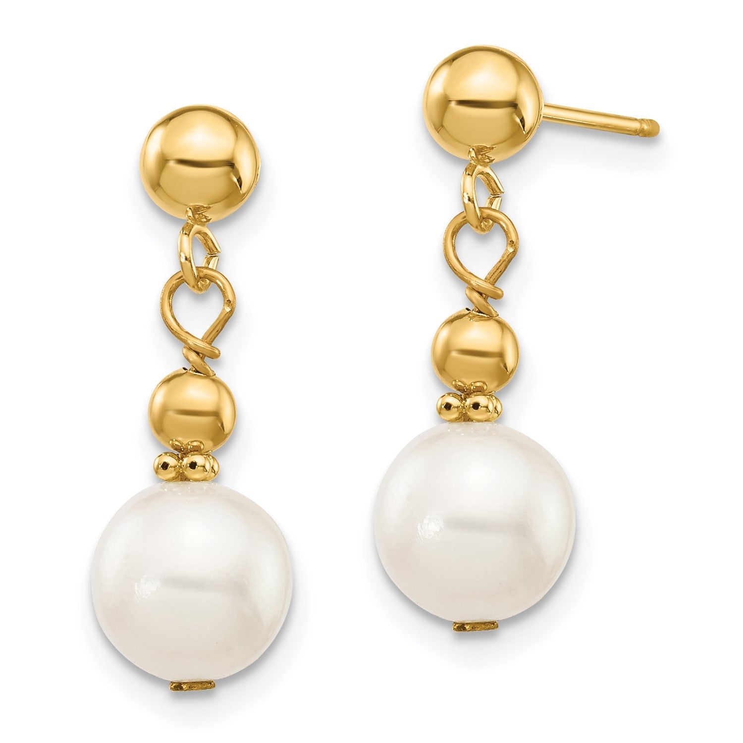 14k Real Yellow Gold 7-8mm White Round Freshwater Cultured Pearl Dangle Post Dangle Earrings