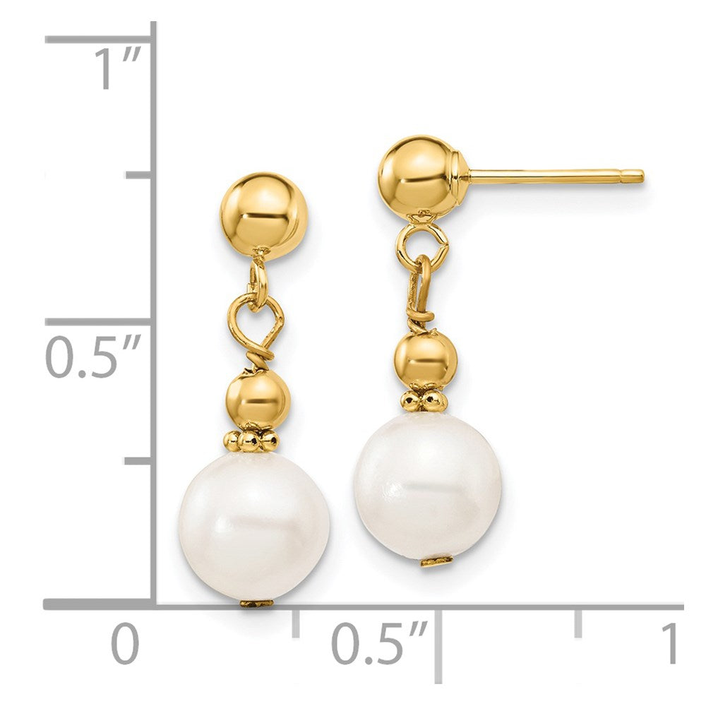 14k Real Yellow Gold 7-8mm White Round Freshwater Cultured Pearl Dangle Post Dangle Earrings