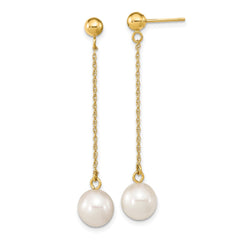 14k Real Yellow Gold Fresh Water Cultured Round Pearl Dangle Post Earrings, 46mm Length