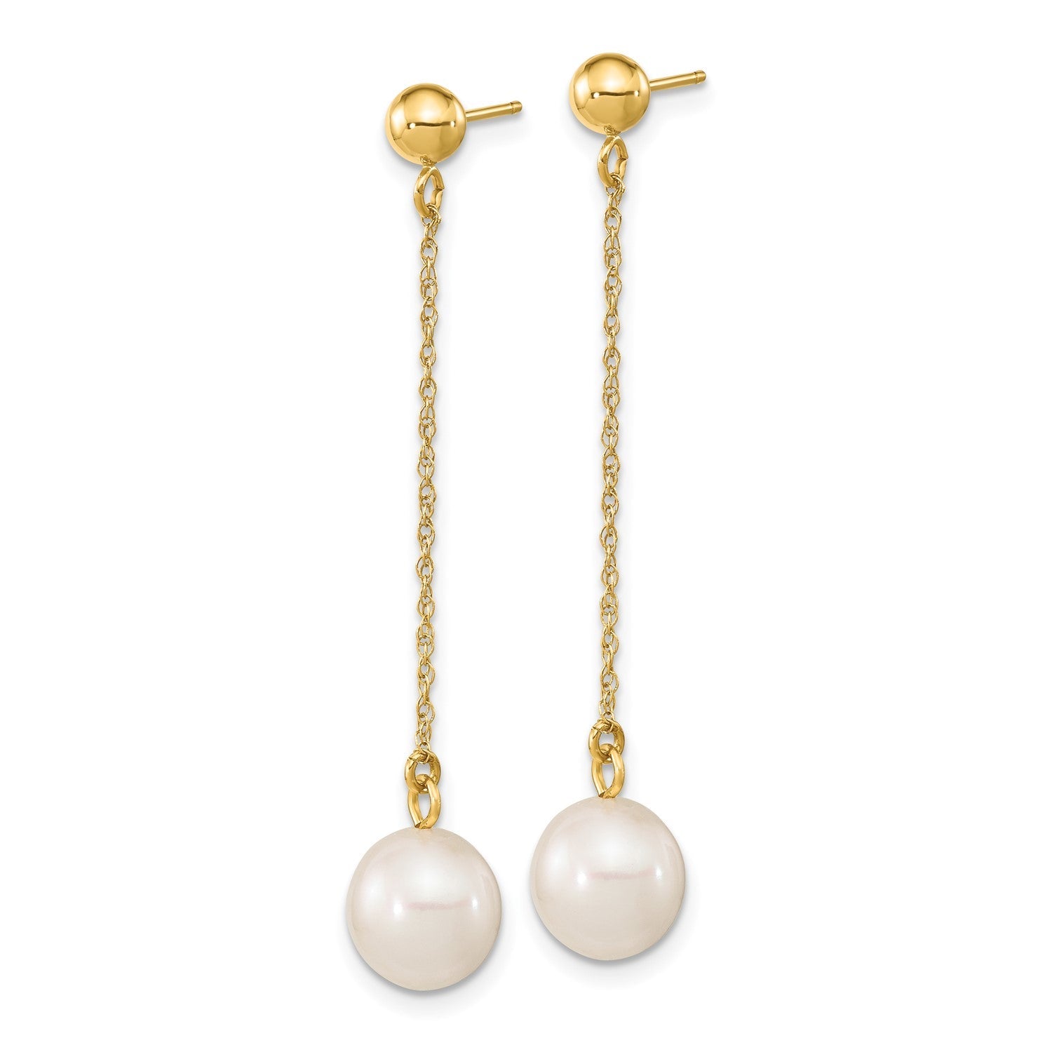 14k Real Yellow Gold Fresh Water Cultured Round Pearl Dangle Post Earrings, 46mm Length