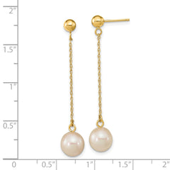 14k Real Yellow Gold Fresh Water Cultured Round Pearl Dangle Post Earrings, 46mm Length