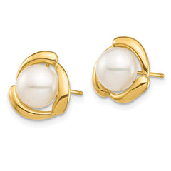 14k Real Yellow Gold White Button Freshwater Cultured Pearl Stud Earrings, 8mm