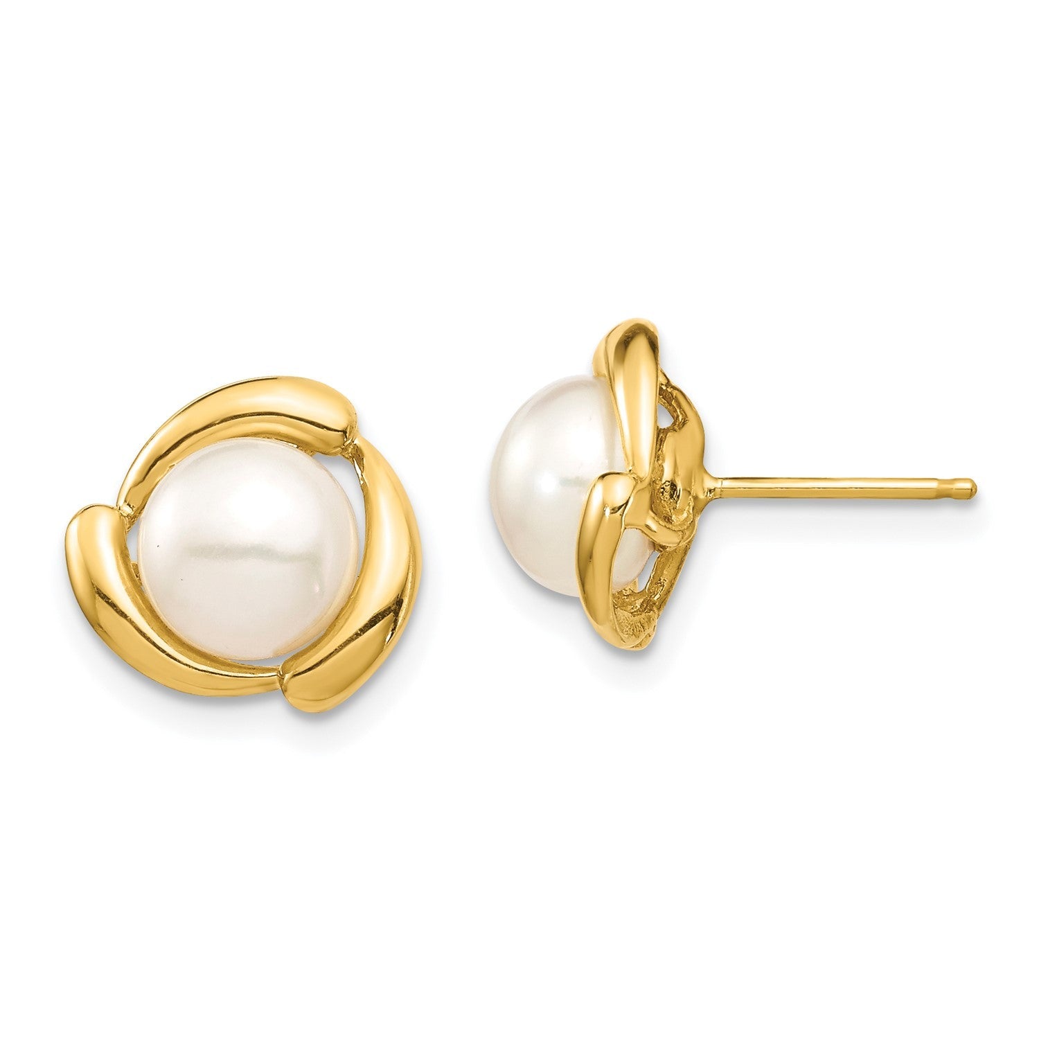 14k Real Yellow Gold White Button Freshwater Cultured Pearl Stud Earrings, 8mm