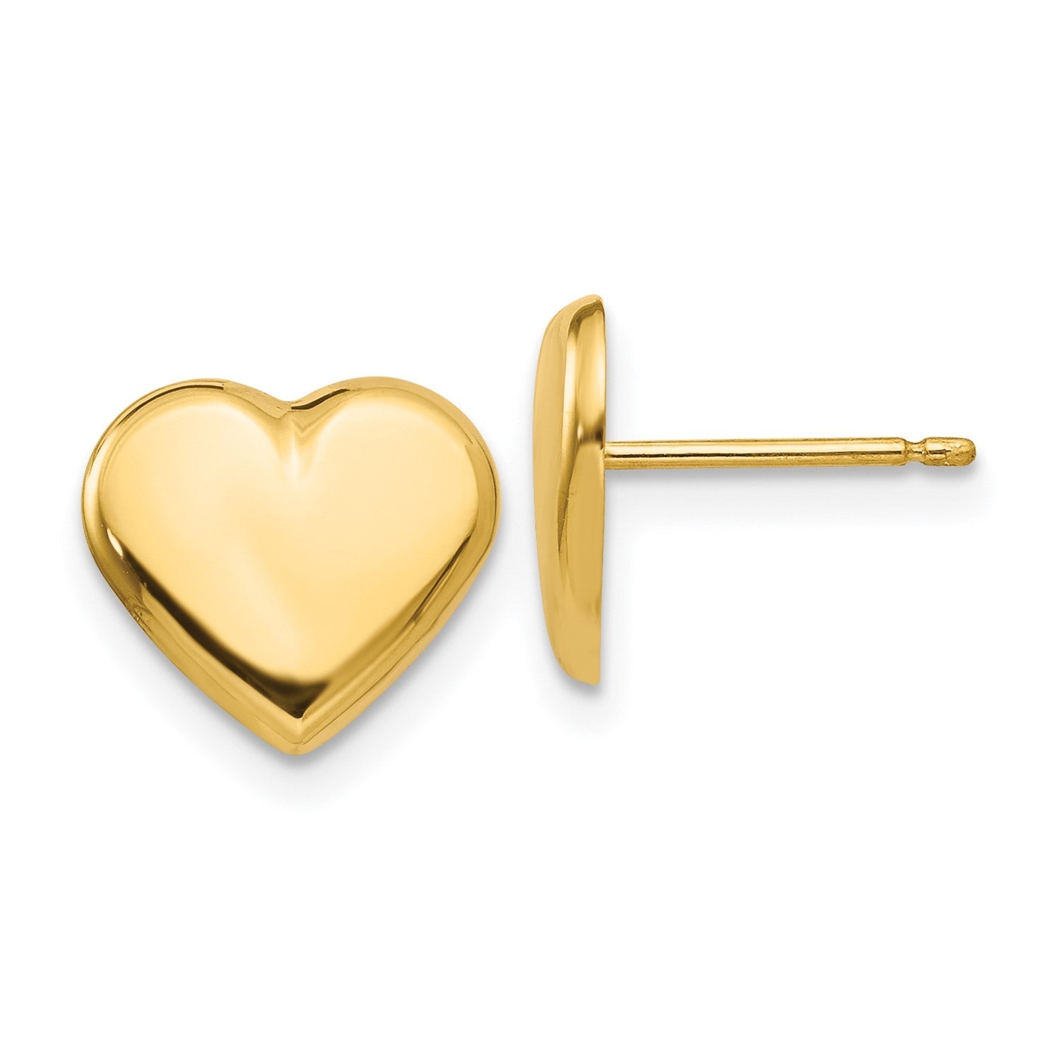 14k Solid Yellow Gold Heart Post Stud Earrings, 10mm