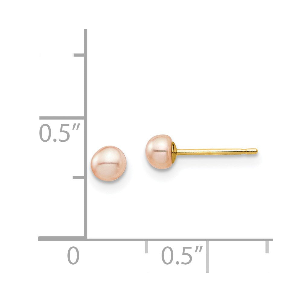 14k Yellow Gold 3-4mm Pink Button Freshwater Cultured Pearl Stud Post Earrings