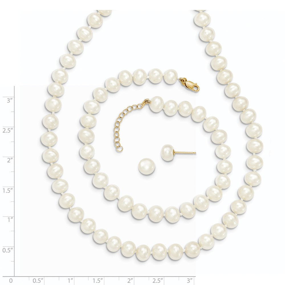 14k Yellow Gold 6-7mm Fresh Water Pearl Bracelet, Necklace and Earring Set