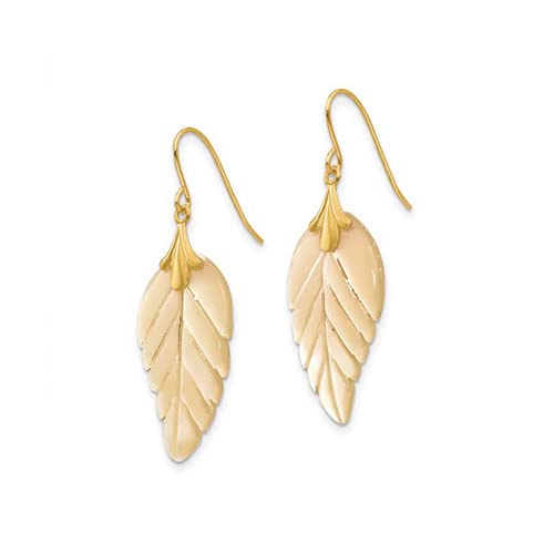 14k Yellow Gold and Mother of Pearl Leaf Dangle Drop Earrings