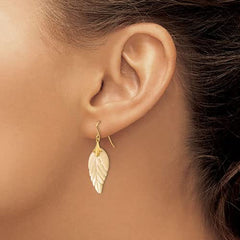 14k Yellow Gold and Mother of Pearl Leaf Dangle Drop Earrings