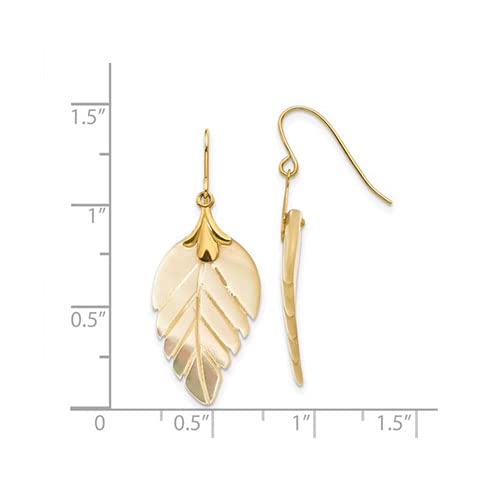 14k Yellow Gold and Mother of Pearl Leaf Dangle Drop Earrings