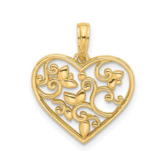 14K Yellow Gold Fancy Flower Design Heart Pendant, 20x18mm