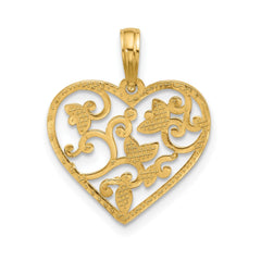 14K Yellow Gold Fancy Flower Design Heart Pendant, 20x18mm