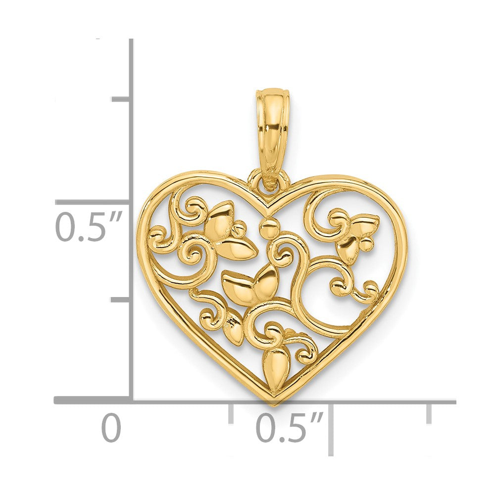 14K Yellow Gold Fancy Flower Design Heart Pendant, 20x18mm