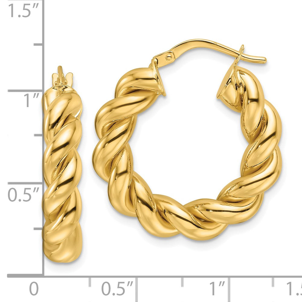 14k Yellow Gold High Polished Twisted Round Hoop Earrings, 25mm