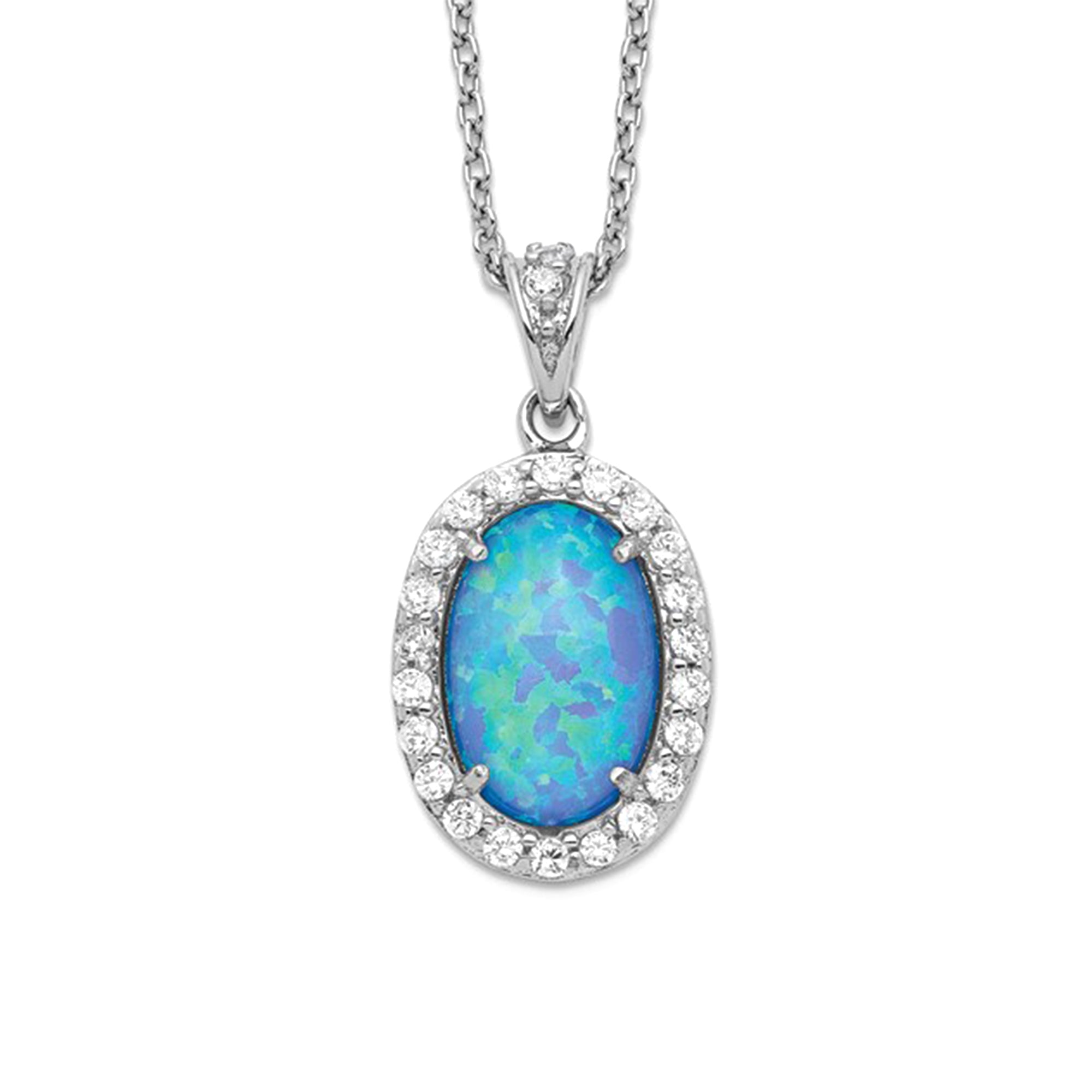 Blue Opal and CZ Oval Necklace, Sterling Silver, 18.5 Inches, Rhodium-plated