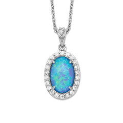 Blue Opal and CZ Oval Necklace, Sterling Silver, 18.5 Inches, Rhodium-plated