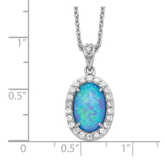 Blue Opal and CZ Oval Necklace, Sterling Silver, 18.5 Inches, Rhodium-plated