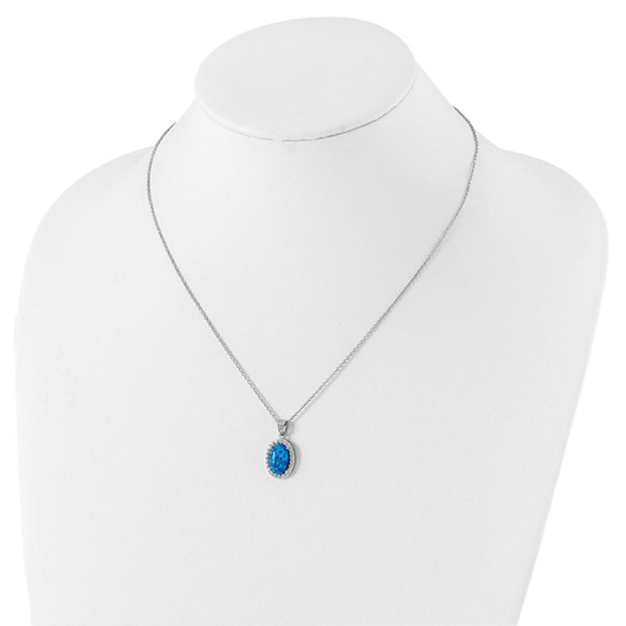 Blue Opal and CZ Oval Necklace, Sterling Silver, 18.5 Inches, Rhodium-plated