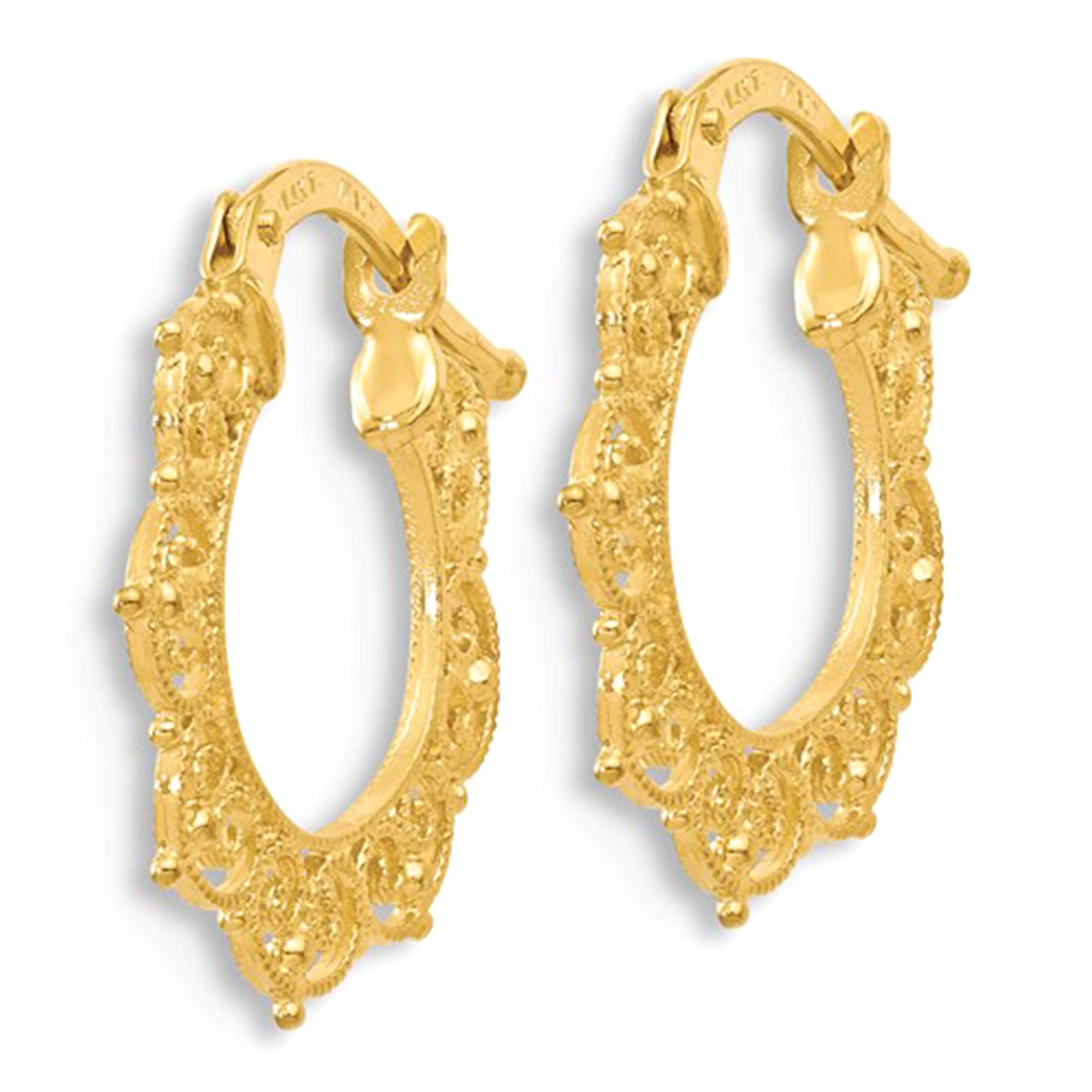 14K Yellow Gold High Polished Fancy Pattern Filigree Hoop Earrings