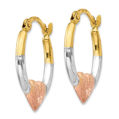 14K Tri Color Gold Solid Hypoallergenic Heart Hoop Shrimp Earrings