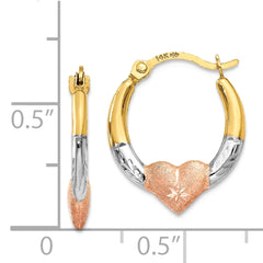 14K Tri Color Gold Solid Hypoallergenic Heart Hoop Shrimp Earrings