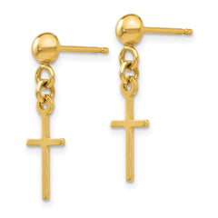 14k Yellow Gold High Polished Cross Dangle Post Earrings, 19x6mm