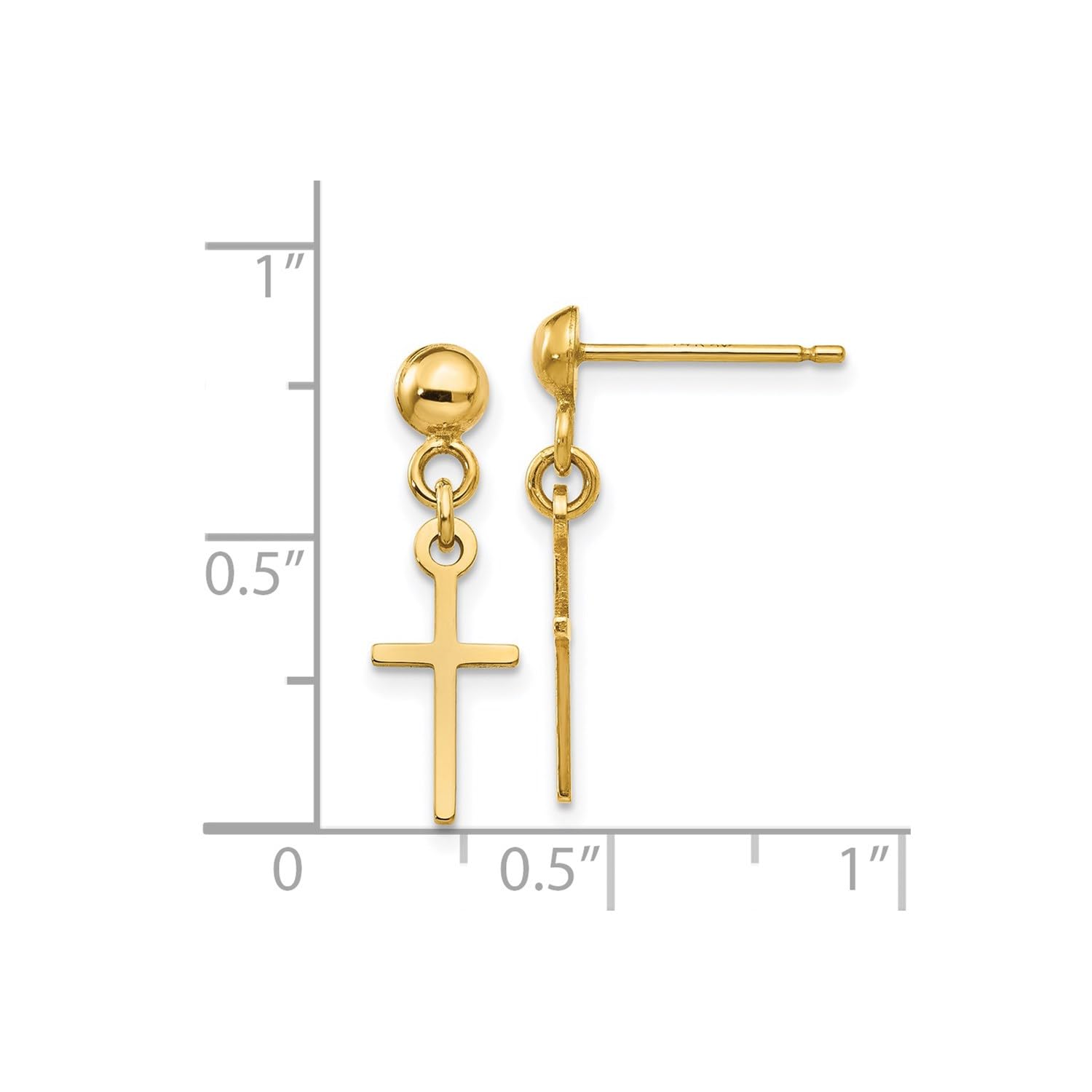 14k Yellow Gold High Polished Cross Dangle Post Earrings, 19x6mm