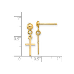 14k Yellow Gold High Polished Cross Dangle Post Earrings, 19x6mm